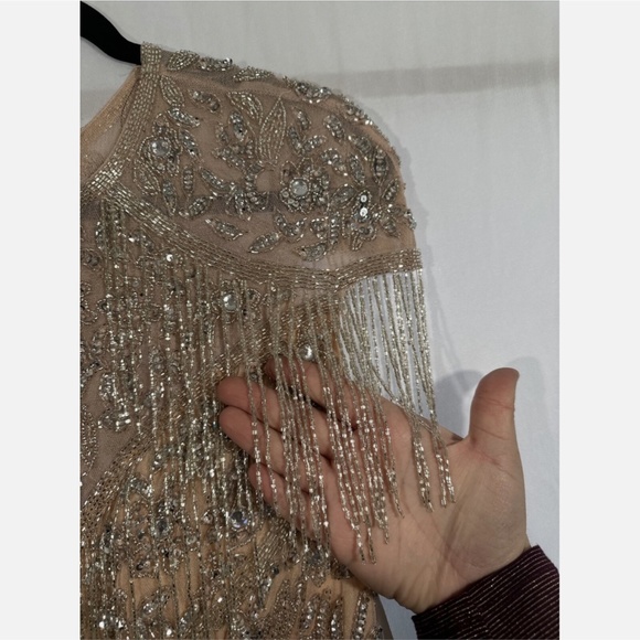 NWT $598 MAC DUGGAL [ 10 ] Embellished Fringe‎ Cap Sleeve Gown Platinum Pink - Picture 12 of 16